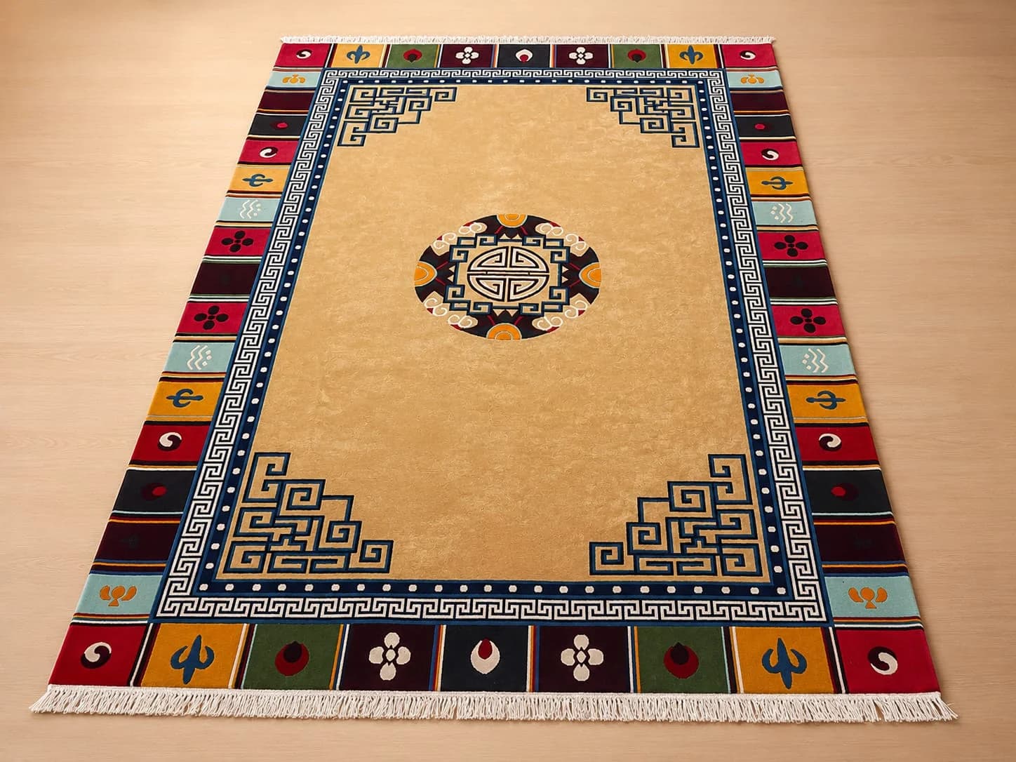 Hand-knotted Tibetan Longevity Medallion Wool Carpet