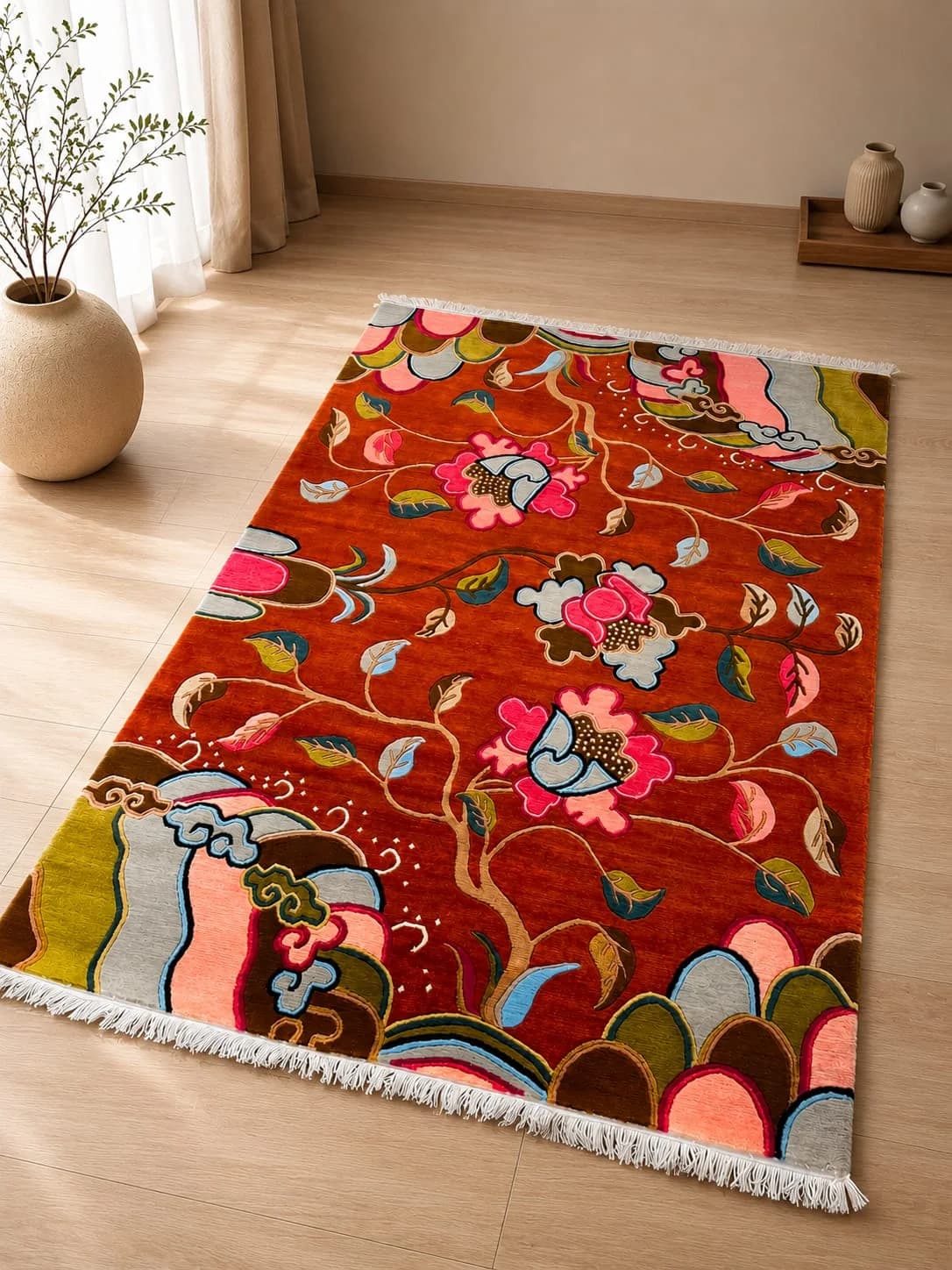 Hand-knotted Terracotta Botanical Carpet