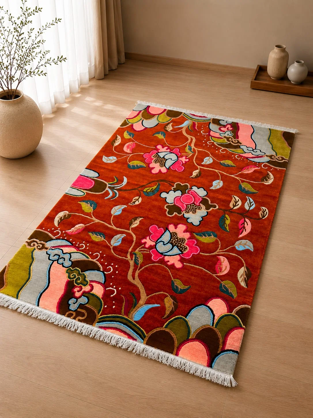 Hand-knotted Terracotta Botanical Carpet view 2
