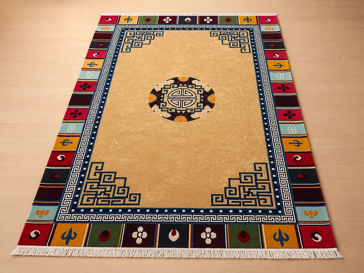 Hand-knotted Tibetan Longevity Medallion Wool Carpet