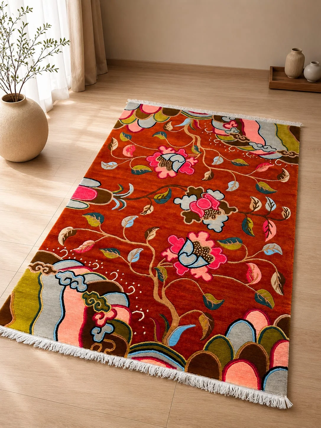 Hand-knotted Terracotta Botanical Carpet
