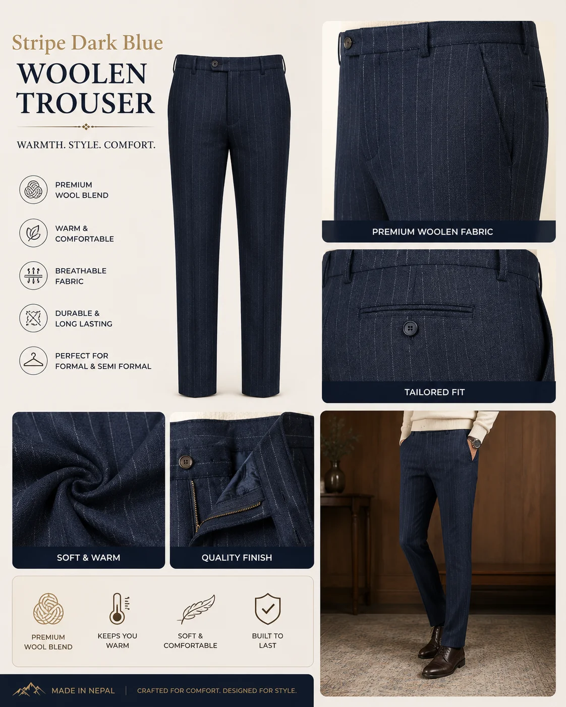 Stripe Dark Blue Woolen Trouser view 2